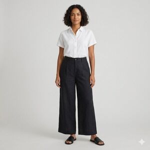 Madewell Harlow Wide-Leg Linen Pants Black High Rise Pleated NK182 Size 8 Petite